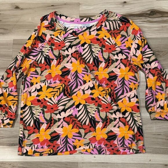 Loft Floral Tropical Floral 3/4 Balloon Sleeve Cotton Sweatshirt Women’s Medium - Picture 2 of 3